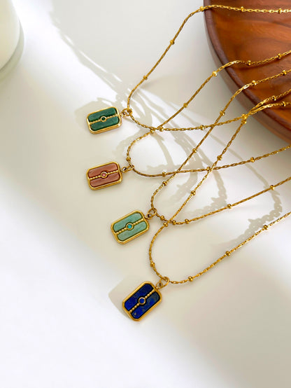 Waterproof Rectangle Pendant Necklace For Women In 18K Gold Plated 304 Stainless Steel With Natural Stone Inlay And Beaded Chain