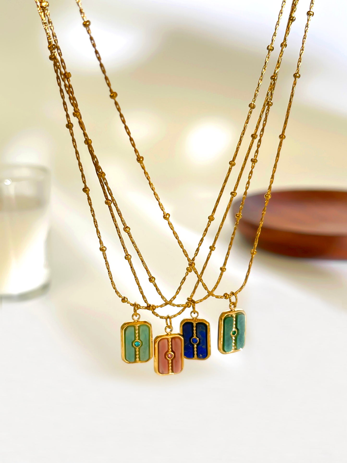 Waterproof Rectangle Pendant Necklace For Women In 18K Gold Plated 304 Stainless Steel With Natural Stone Inlay And Beaded Chain