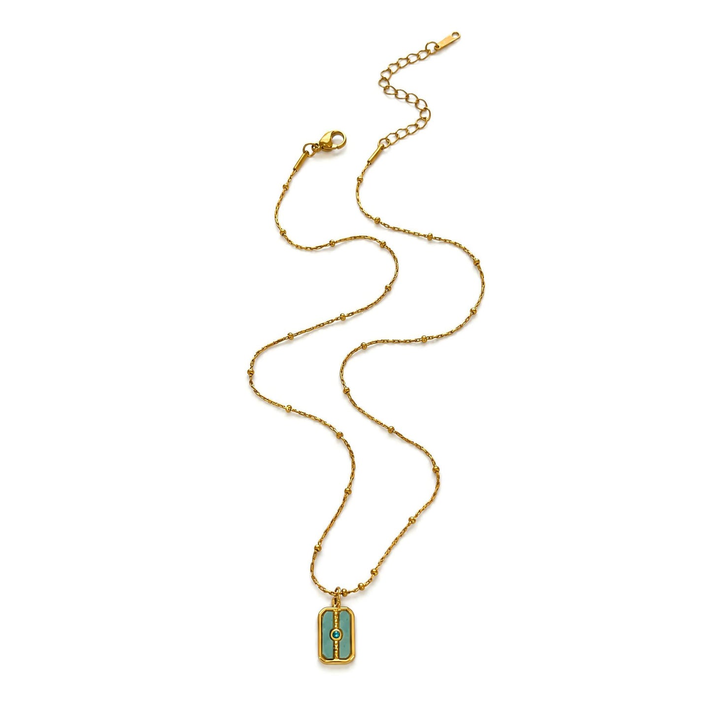 Waterproof Rectangle Pendant Necklace For Women In 18K Gold Plated 304 Stainless Steel With Natural Stone Inlay And Beaded Chain