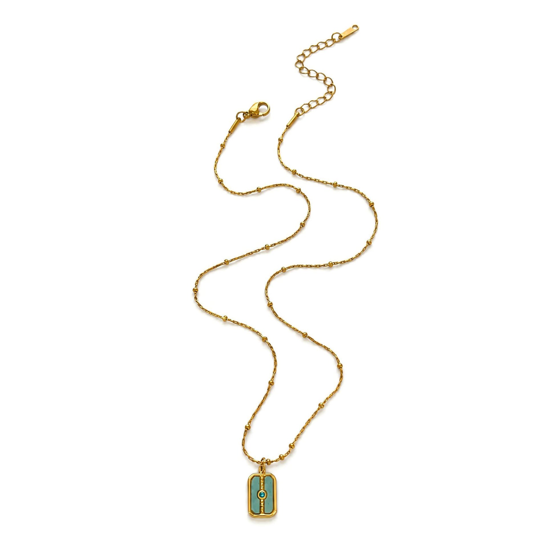 Waterproof Rectangle Pendant Necklace For Women In 18K Gold Plated 304 Stainless Steel With Natural Stone Inlay And Beaded Chain