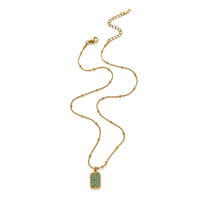Waterproof Rectangle Pendant Necklace For Women In 18K Gold Plated 304 Stainless Steel With Natural Stone Inlay And Beaded Chain
