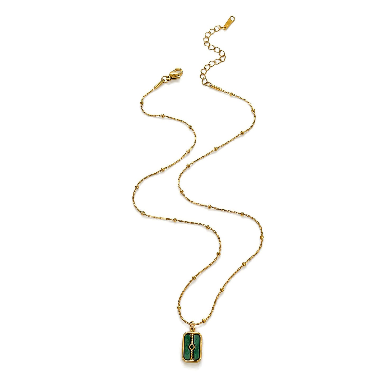 Waterproof Rectangle Pendant Necklace For Women In 18K Gold Plated 304 Stainless Steel With Natural Stone Inlay And Beaded Chain