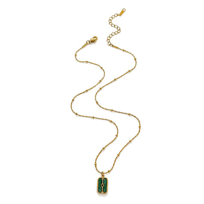 Waterproof Rectangle Pendant Necklace For Women In 18K Gold Plated 304 Stainless Steel With Natural Stone Inlay And Beaded Chain