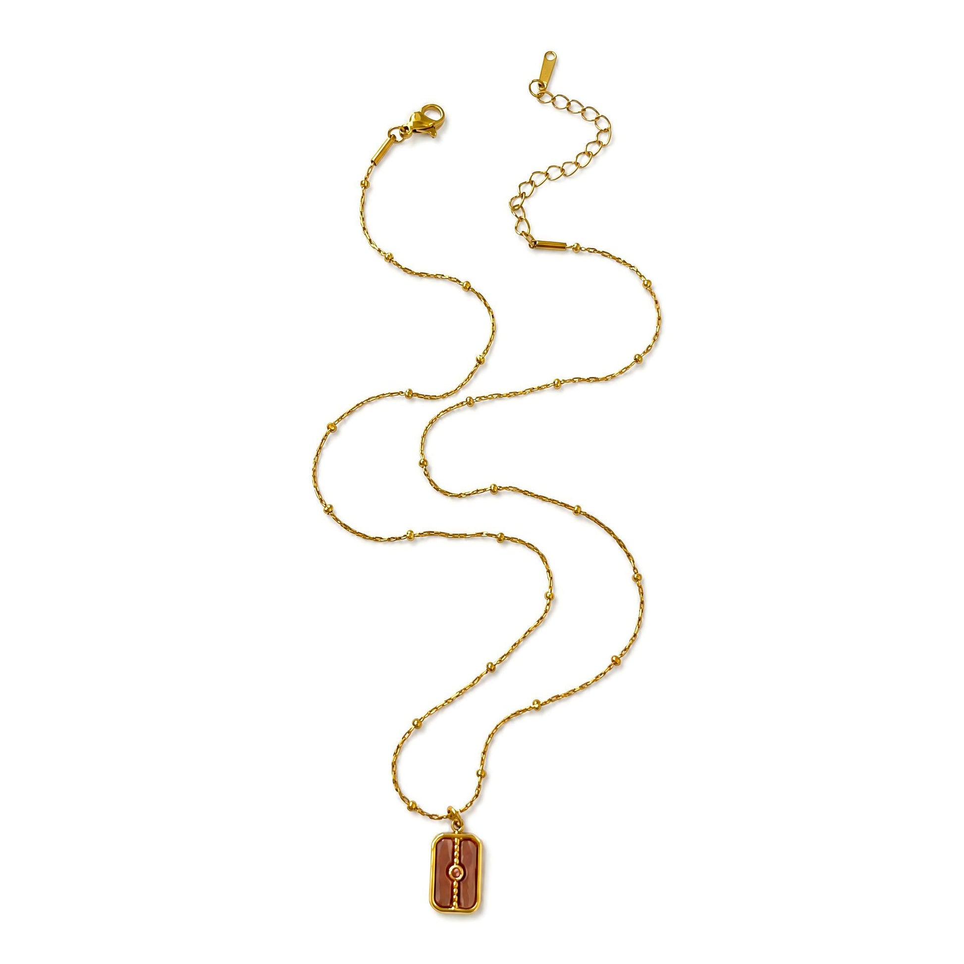 Waterproof Rectangle Pendant Necklace For Women In 18K Gold Plated 304 Stainless Steel With Natural Stone Inlay And Beaded Chain