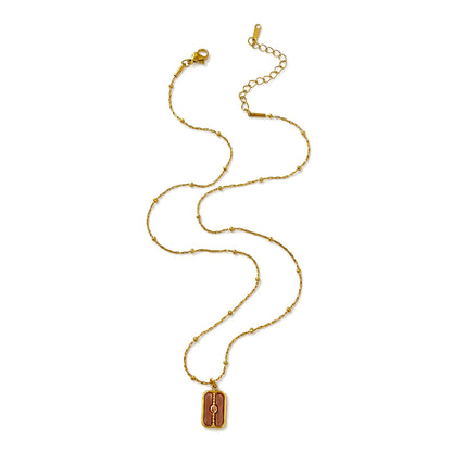 Waterproof Rectangle Pendant Necklace For Women In 18K Gold Plated 304 Stainless Steel With Natural Stone Inlay And Beaded Chain