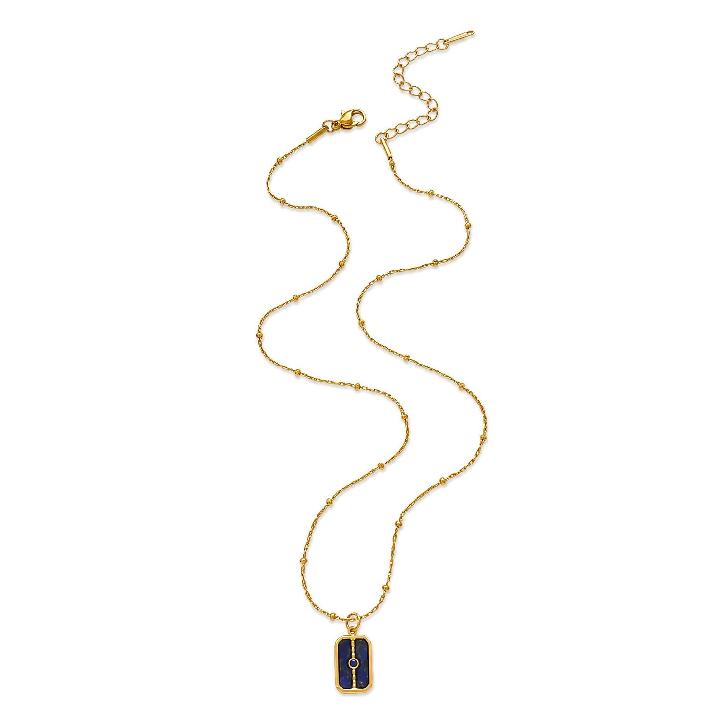 Waterproof Rectangle Pendant Necklace For Women In 18K Gold Plated 304 Stainless Steel With Natural Stone Inlay And Beaded Chain