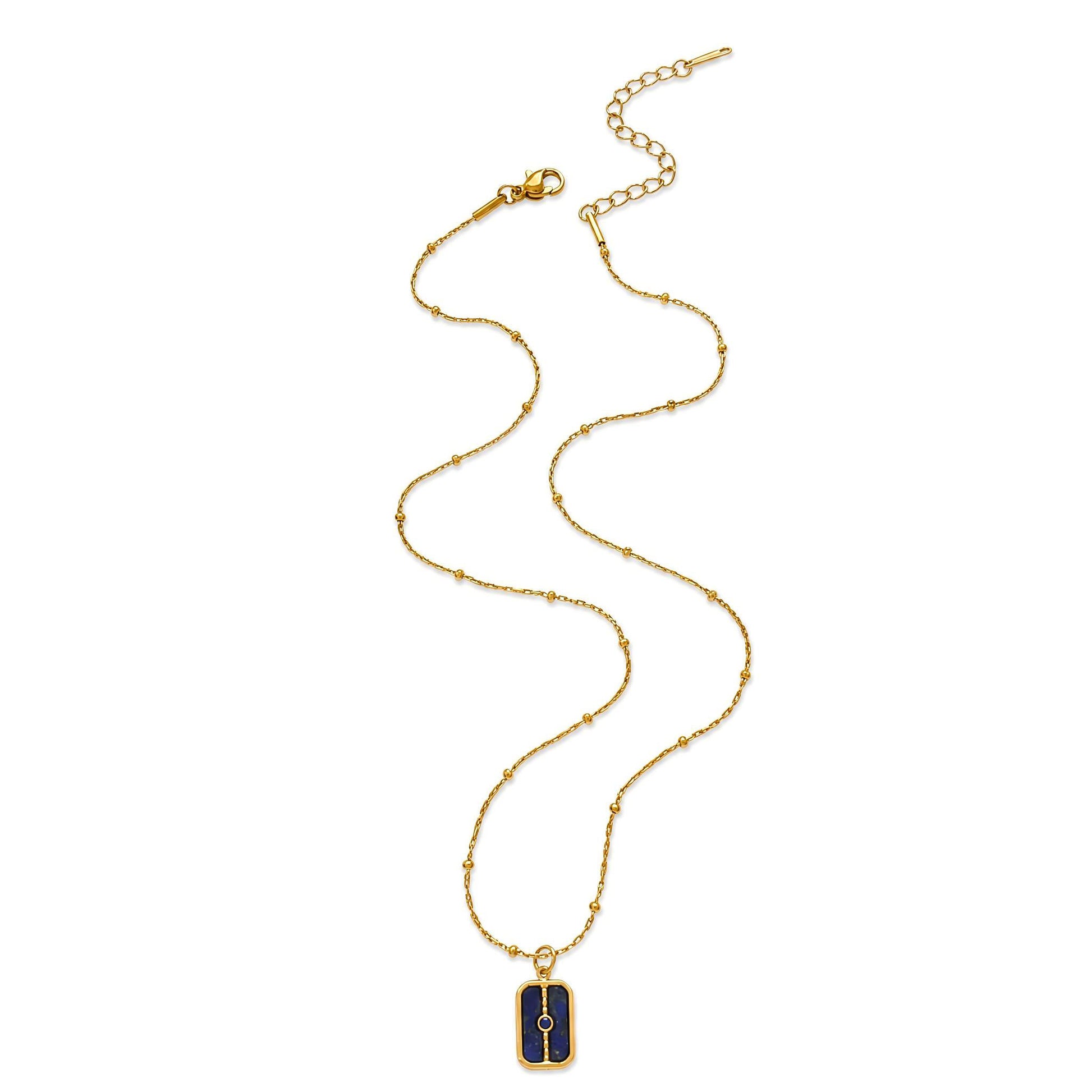 Waterproof Rectangle Pendant Necklace For Women In 18K Gold Plated 304 Stainless Steel With Natural Stone Inlay And Beaded Chain