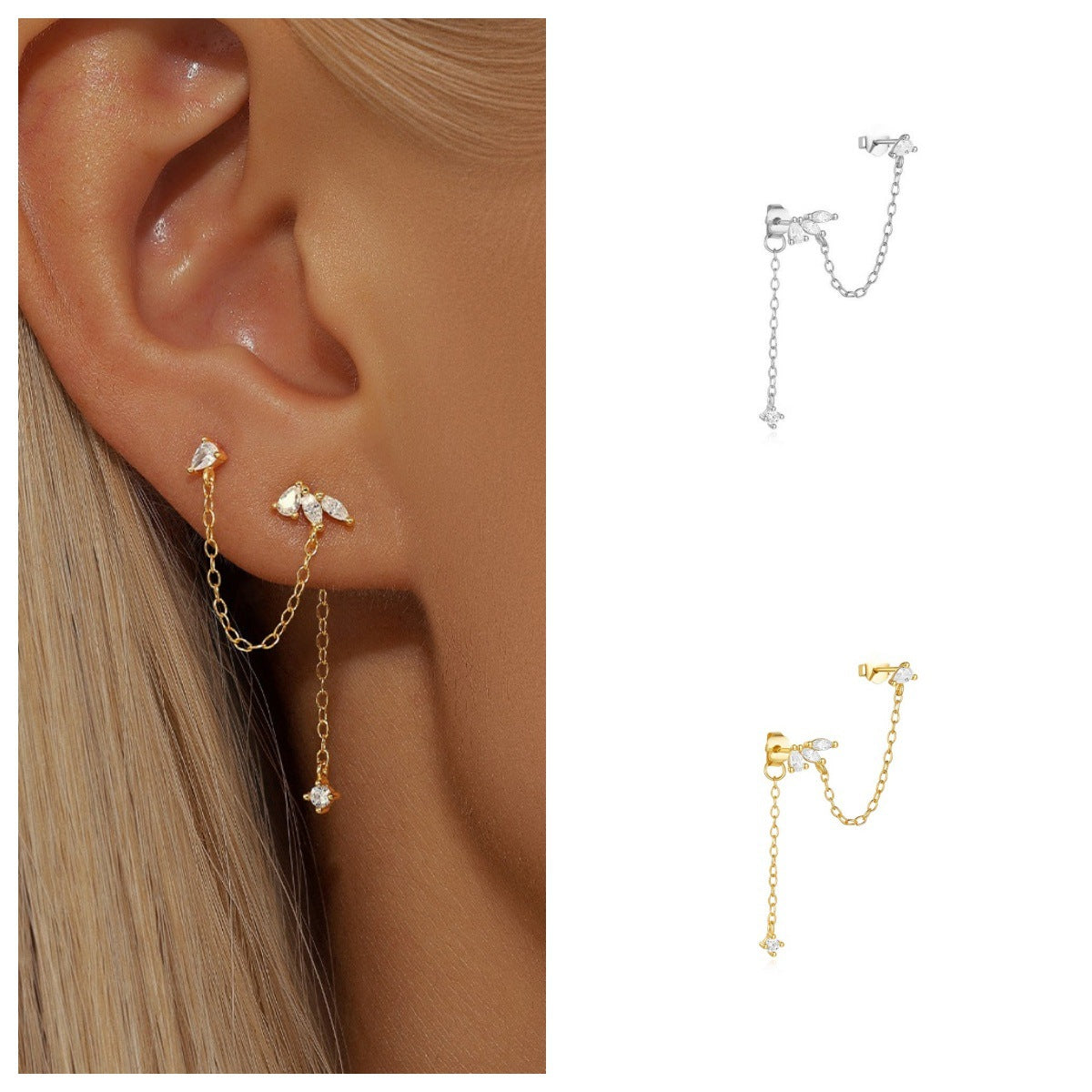 For Women Gold Chain Stud Earrings With Zircon Inlay Featuring 304 Stainless Steel Ear Pins, 1 PCS/Package