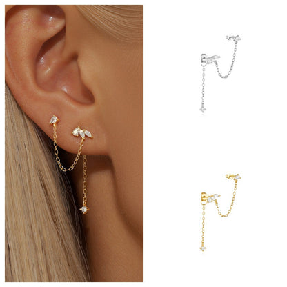 For Women Gold Chain Stud Earrings With Zircon Inlay Featuring 304 Stainless Steel Ear Pins, 1 PCS/Package