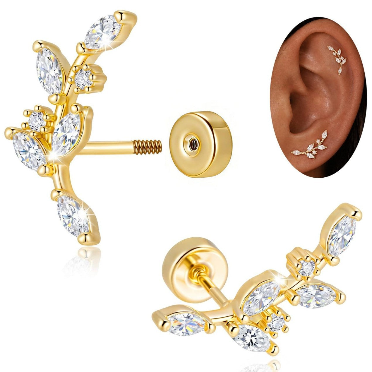 Leaves Ear Cartilage Rings & Studs For Unisex, Real Gold Plated Copper With Zircon Inlay, Stylish Stud Earrings