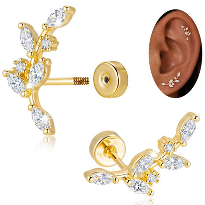 Leaves Ear Cartilage Rings & Studs For Unisex, Real Gold Plated Copper With Zircon Inlay, Stylish Stud Earrings