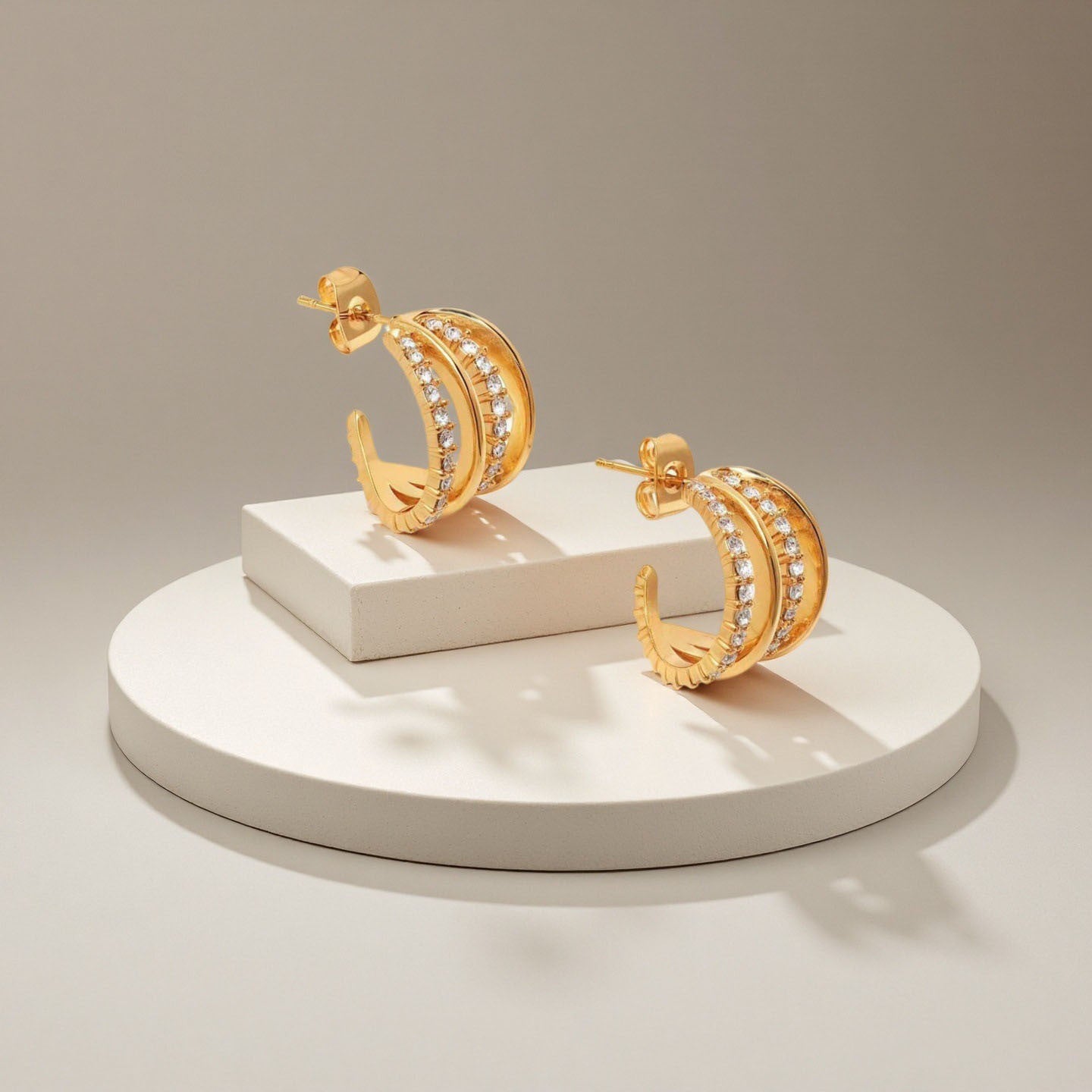Simple Style C Shape Earrings For Women In Gold, Made With 304 Stainless Steel Featuring Zircon Inlay