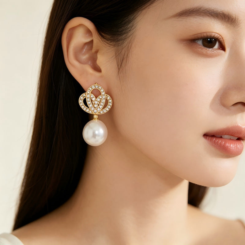 Heart Shape Gold Earrings With Imitation Pearl And Zircon, 304 Stainless Steel Studs For Women
