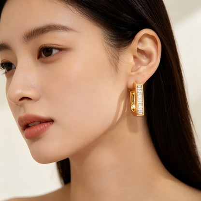 Simple Style Geometric Earrings For Women In Brass With Zircon Inlay, Electroplated Finish And 304 Stainless Steel Ear Pins