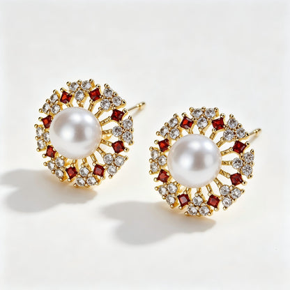 Retro Geometric Stud Earrings For Women In Brass With Zircon Inlay, Electroplated Finish And 304 Stainless Steel Posts