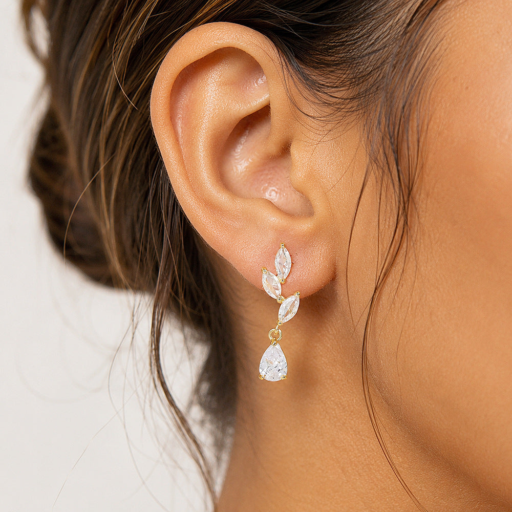 Gold Water Droplets Earrings For Women Featuring Copper Studs And Zircon Inlay Material