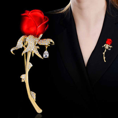 Rose Pin In Red Alloy With Rhinestones Featuring Electroplated Craftsmanship