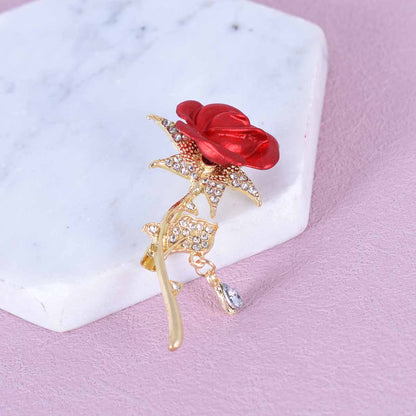 Rose Pin In Red Alloy With Rhinestones Featuring Electroplated Craftsmanship