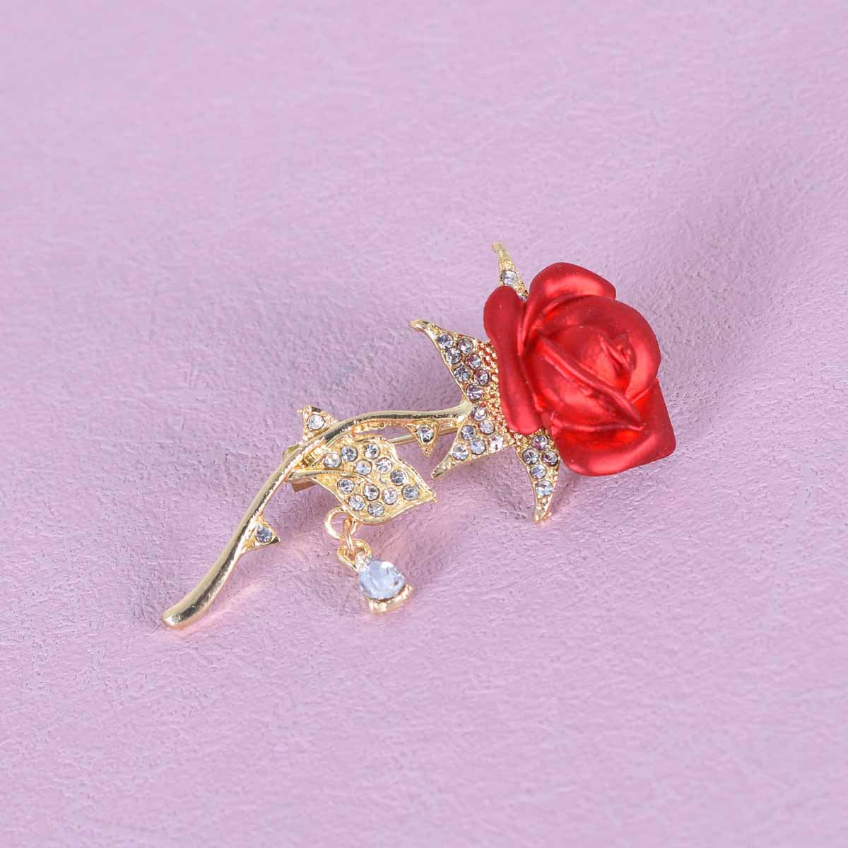 Rose Pin In Red Alloy With Rhinestones Featuring Electroplated Craftsmanship