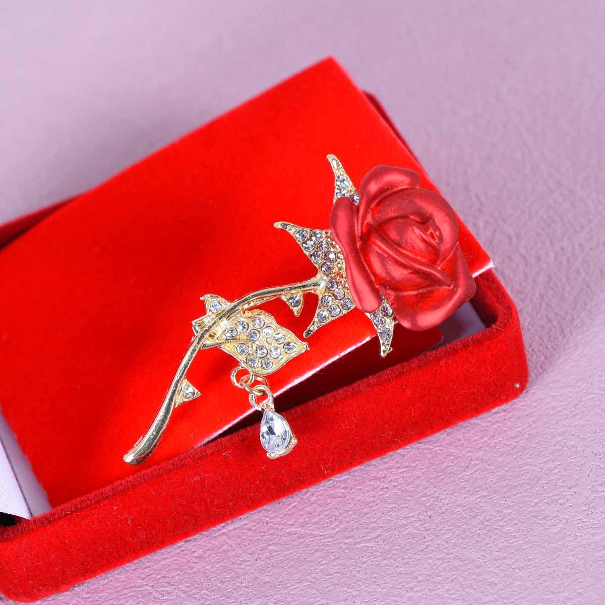 Rose Pin In Red Alloy With Rhinestones Featuring Electroplated Craftsmanship