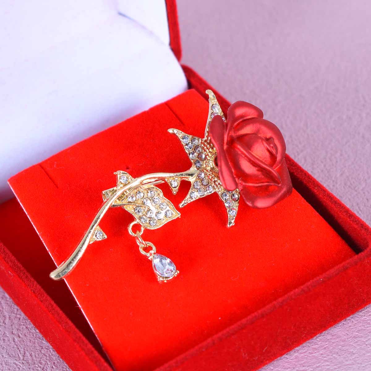 Rose Pin In Red Alloy With Rhinestones Featuring Electroplated Craftsmanship