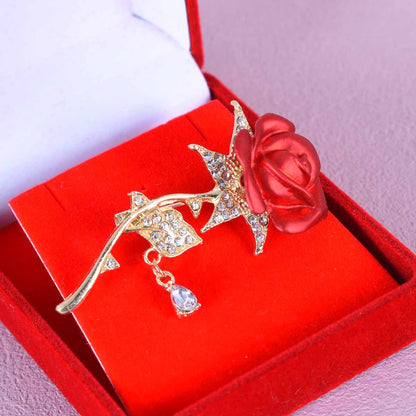 Rose Pin In Red Alloy With Rhinestones Featuring Electroplated Craftsmanship