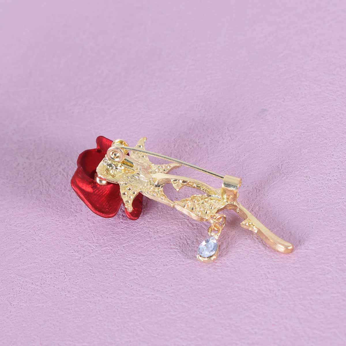 Rose Pin In Red Alloy With Rhinestones Featuring Electroplated Craftsmanship