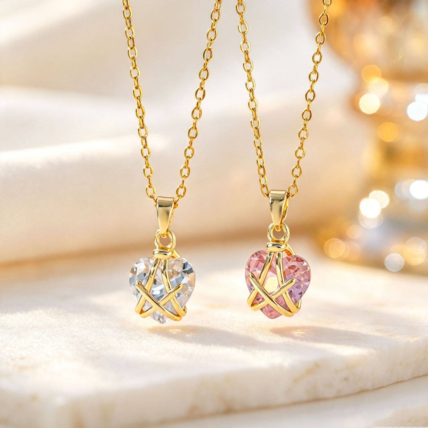 Sweet Heart Shape Necklace For Women In Gold 304 Stainless Steel With Rhinestones On Cable Chain