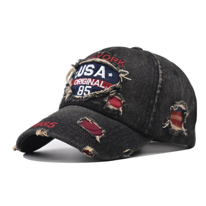 Dark Blue Cotton Baseball Cap With Wide Brim Featuring Embroidery And UV Protection For Adults
