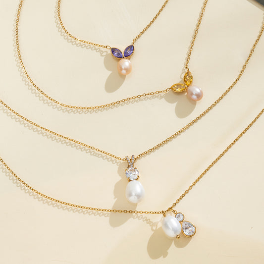 Multicolor Freshwater Pearl Necklace For Women With Zircon Inlay, 18K Real Gold Plated And PVD Coated