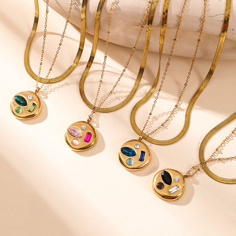 Sweet Double Layer Necklaces With Gold Blade Pendant In Titanium Steel For Women, Featuring 304 Stainless Steel Snake Chain
