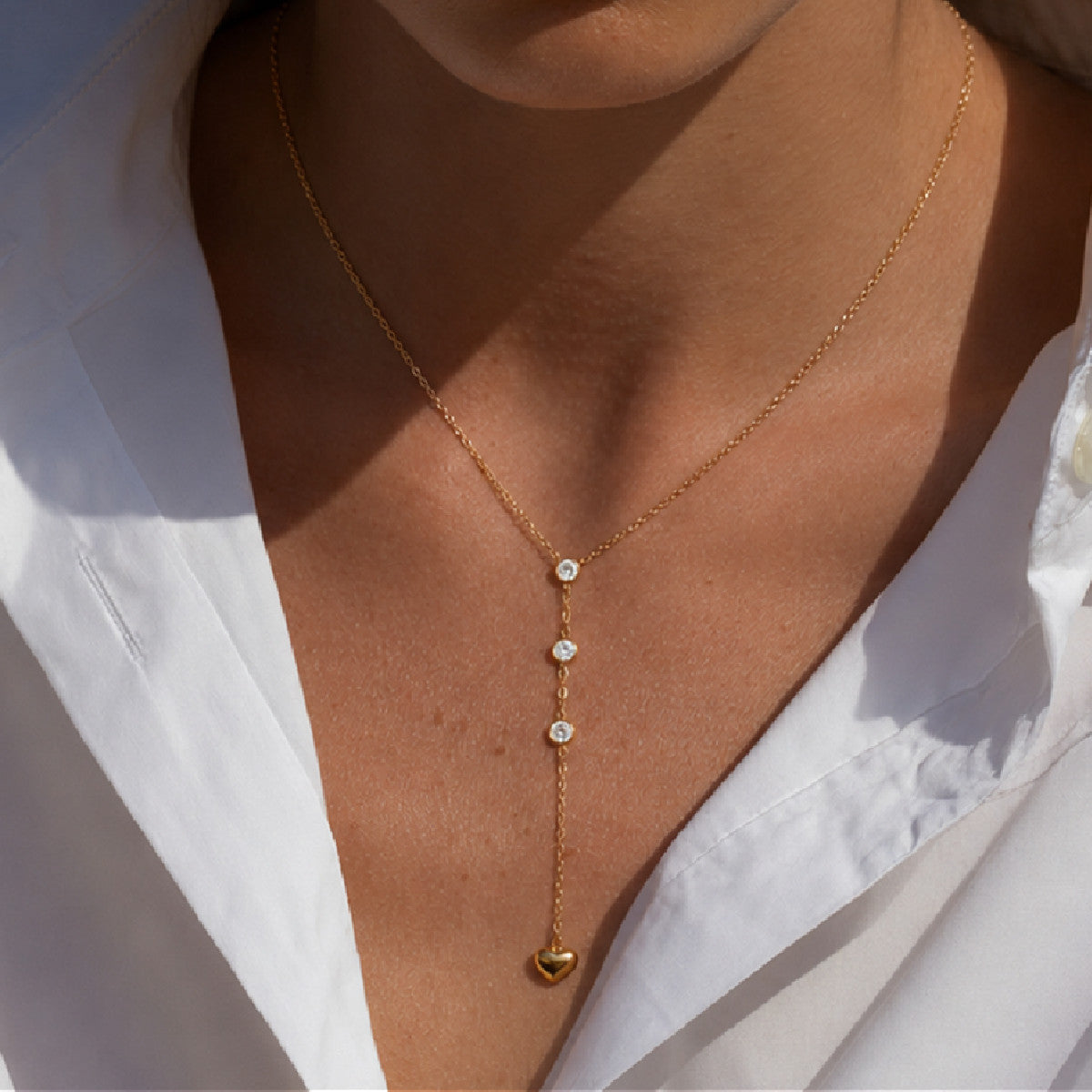 Heart Shape Tassel Y-Necklace Lariat Necklace For Women In 304 Stainless Steel With PVD Coated Gold Plating And Zircon Inlay