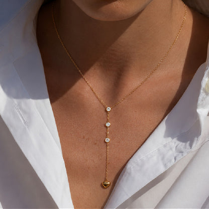 Heart Shape Tassel Y-Necklace Lariat Necklace For Women In 304 Stainless Steel With PVD Coated Gold Plating And Zircon Inlay