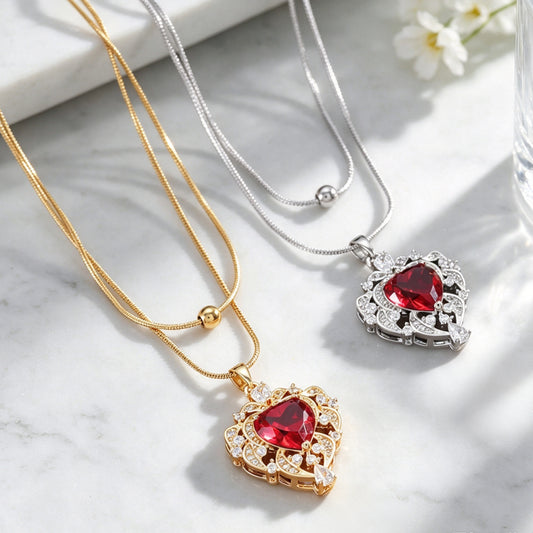 Heart Shape Gold Pendant Necklace For Women With Rhinestones Inlay And Snake Chain Metal Design