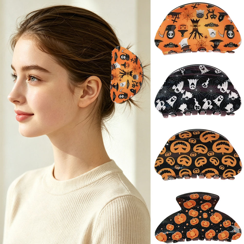 Funny Pumpkin Hair Claws For Women In Yellow Acrylic, Halloween Hairpin Accessory