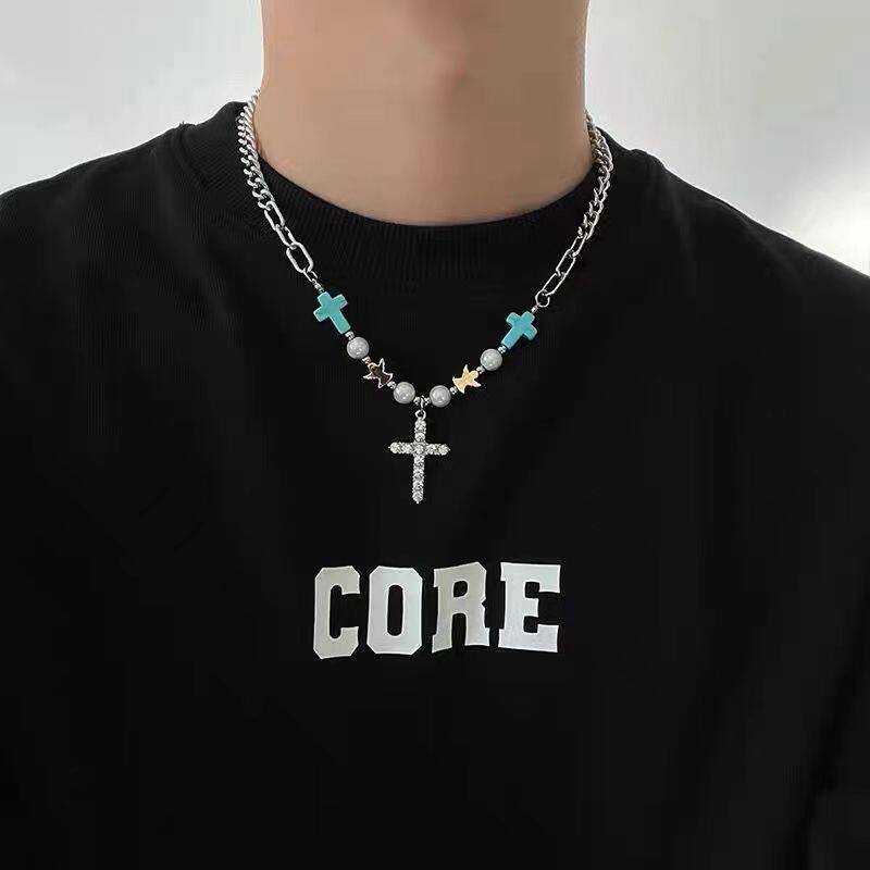 Silver Hip-Hop Cross Necklace For Women With Copper Pendant And Zircon Inlay, Stylish Alloy Chain