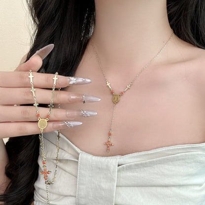 Vintage Style Gold Cross Necklace For Women In Copper With Zircon Inlay And Cable Chain