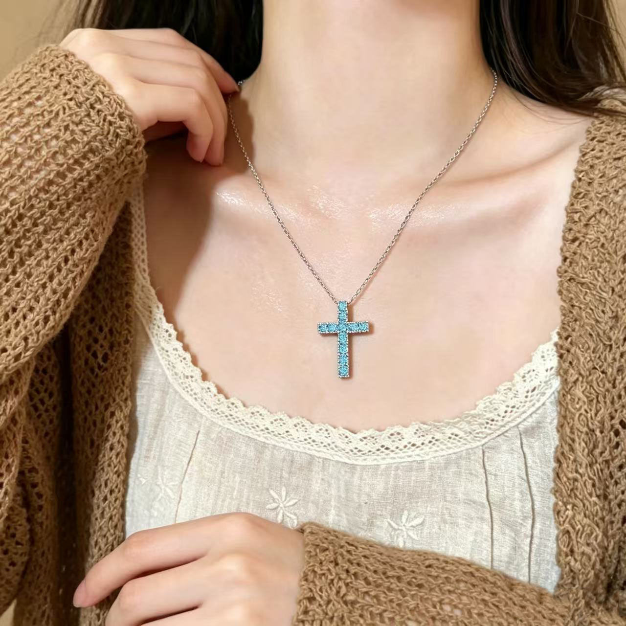 Cross Pendant Necklace For Women In Copper With Electroplated Gold Plating And Zircon Inlay