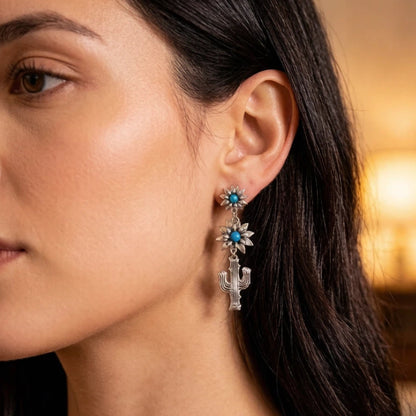 Cactus Earrings For Unisex, 3 Pieces Set In Silver Zinc Alloy Featuring Turquoise Inlay With Western Style