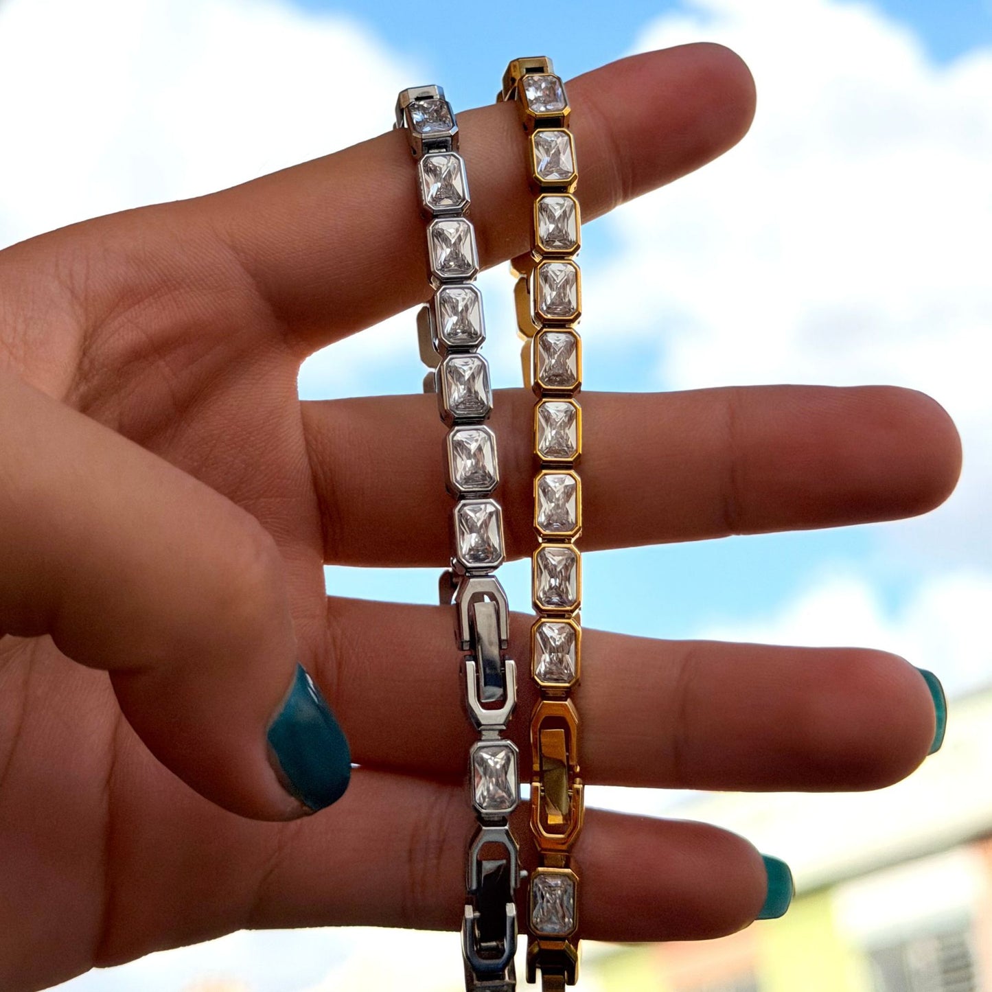 Luxurious Unisex Rectangle Tennis Bracelet In Stainless Steel With Zircon Inlay, Available In Gold