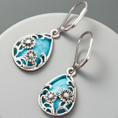 Bohemian Silver Flowers Earrings For Women With 304 Stainless Steel Posts And Turquoise Inlay Alloy Design