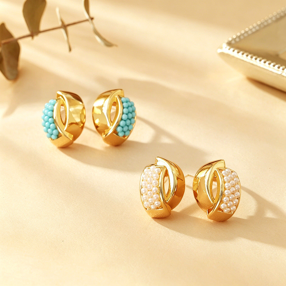 Round Twist Stud Earrings For Women In Light Blue Featuring Copper And 925 Sterling Silver With Seed Bead Inlay