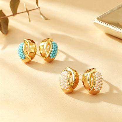 Round Twist Stud Earrings For Women In Light Blue Featuring Copper And 925 Sterling Silver With Seed Bead Inlay