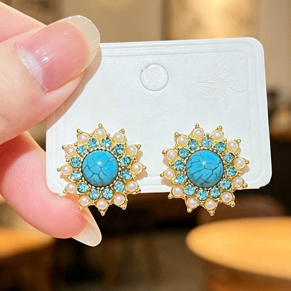 Bohemian Sun Stud Earrings For Women In Gold With Turquoise Inlay, Made Of Zinc Alloy
