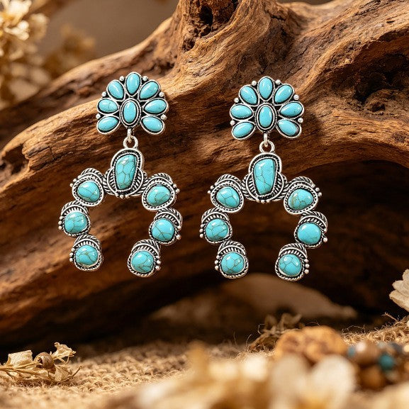Ethnic Style Pumpkin Drop Earrings In Silver Featuring Alloy And Zinc Alloy Ear Pins With Turquoise Inlay