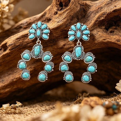 Ethnic Style Pumpkin Drop Earrings In Silver Featuring Alloy And Zinc Alloy Ear Pins With Turquoise Inlay