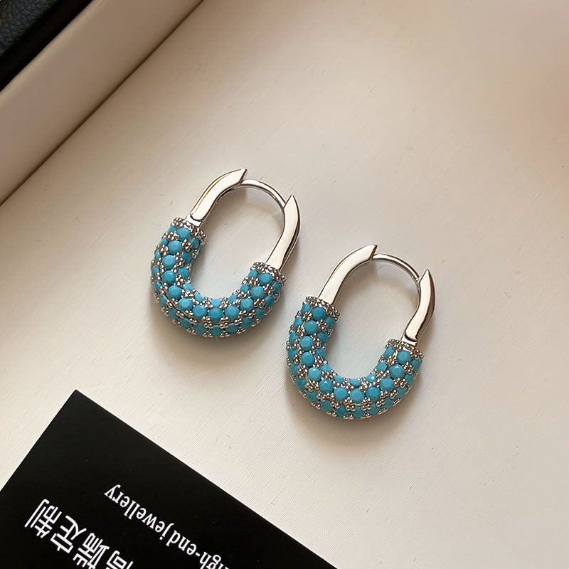 Retro U Shape Earrings For Women In Green Copper With Real Gold Plated And Zircon Inlay