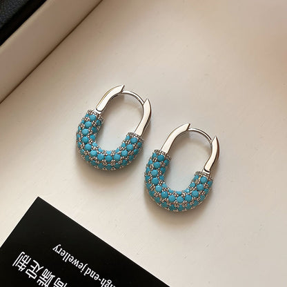 Retro U Shape Earrings For Women In Green Copper With Real Gold Plated And Zircon Inlay