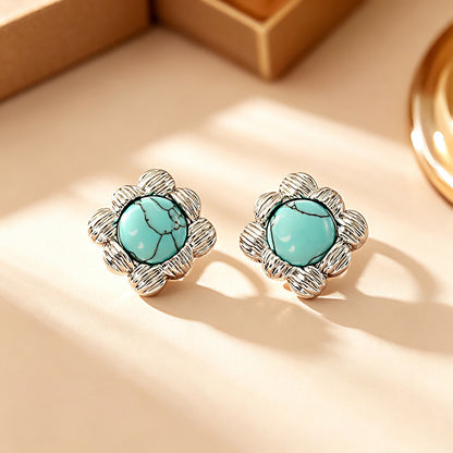 Square Stud Earrings For Women With 925 Sterling Silver Posts, Copper Base, And Real Gold Plated Turquoise Inlay