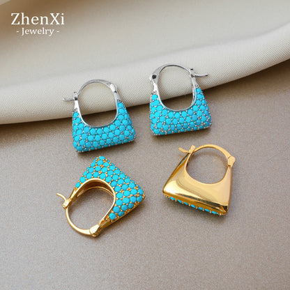 Elegant Geometric Copper Clip Earrings For Women With Turquoise Inlay In Gold